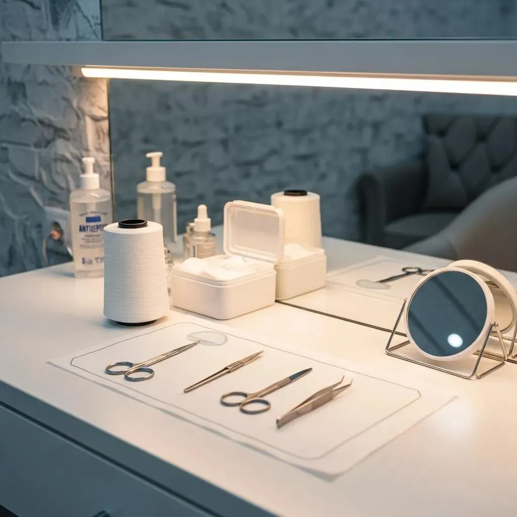 Clean eyebrow threading station with sanitized tools emphasizing hygiene standards in salons
